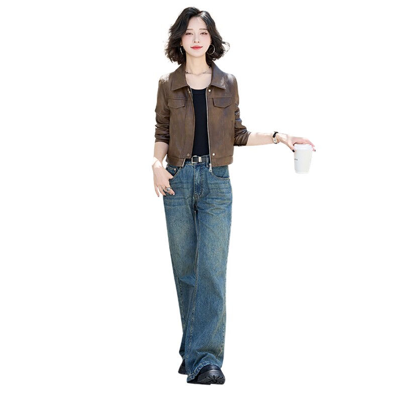 2025秋季新款现货森女系短款pu皮外套,女装皮衣,自然秀