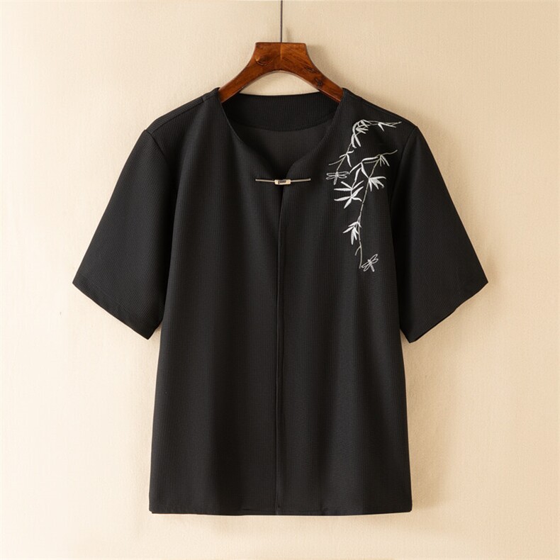 新中式金属扣风潮T恤短袖上衣竹子刺绣汉服时尚T2410-P55,男装T恤,电商A227