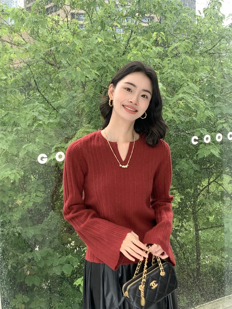 新款水滴领女纯色修身套头上衣针织衫,针织衫/毛衣,玛卡隆羊绒