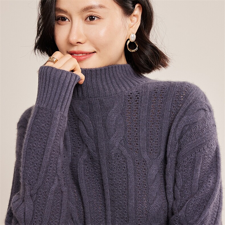 重磅加厚五七针三股镂空半高领羊绒衫30%羊绒,女装羊绒衫,名驰羊绒