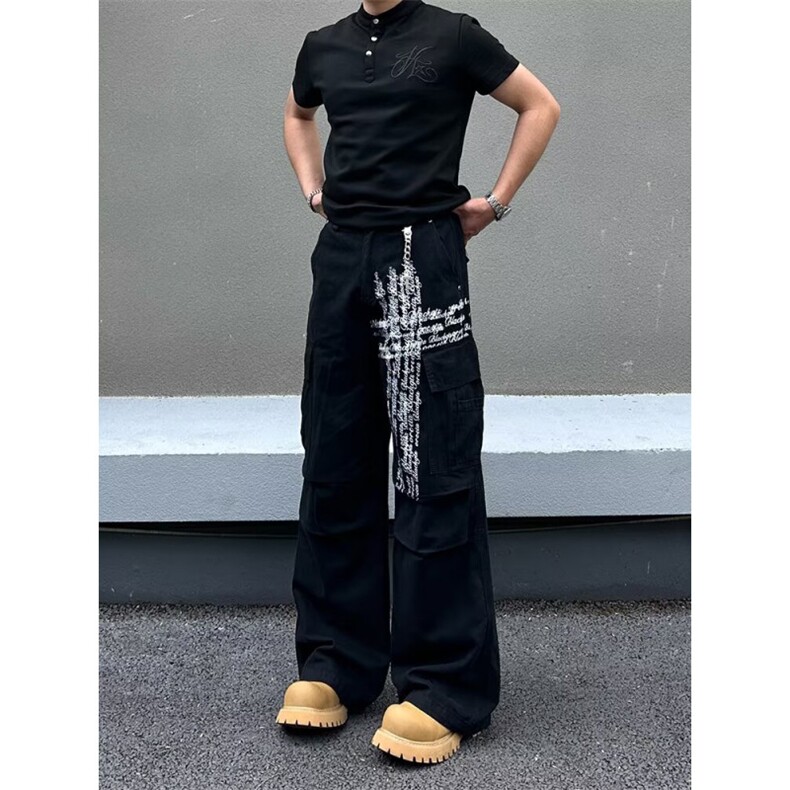 美式复古水洗十字架印花工装裤男女高街潮牌阔腿裤 s7138 p49图片