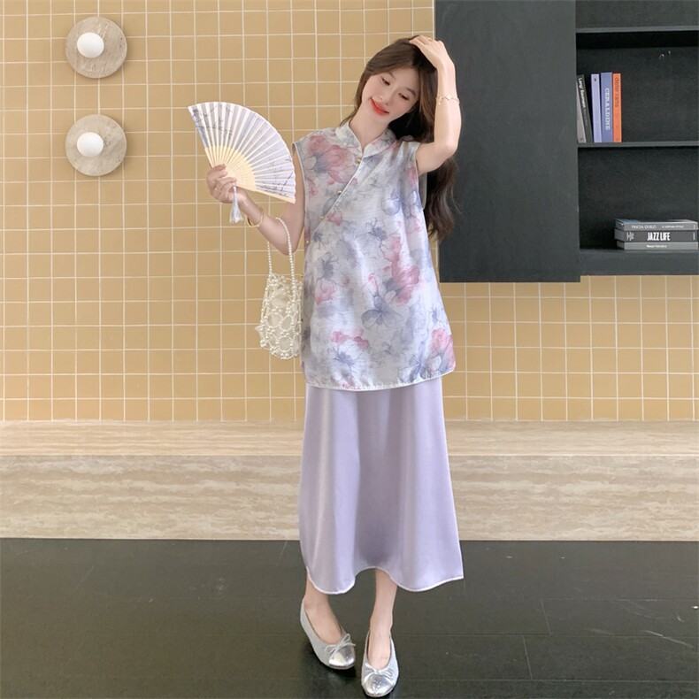 紫色碎花新中式国风衬衫吊带连衣裙套装女夏巨好看流行两件套爆款,女装套装/套裙,浙宝217