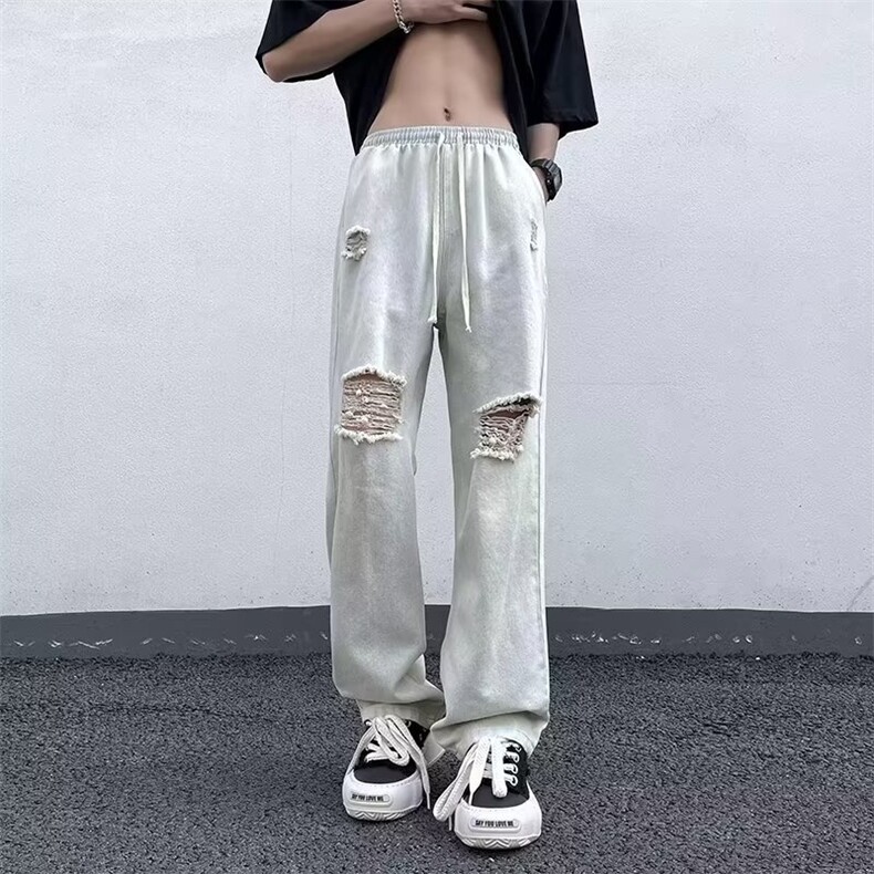 黄泥染高街破洞牛仔裤男美式复古oversize潮牌直筒宽松裤子夏薄款,男装牛仔裤,星座601-2