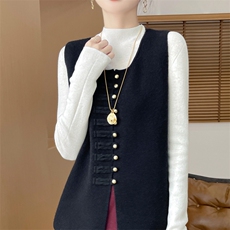 复古中国风100%羊毛衫女圆领盘扣无袖背心马甲宽松叠穿羊绒衫坎肩，女装马甲，美雪羊绒