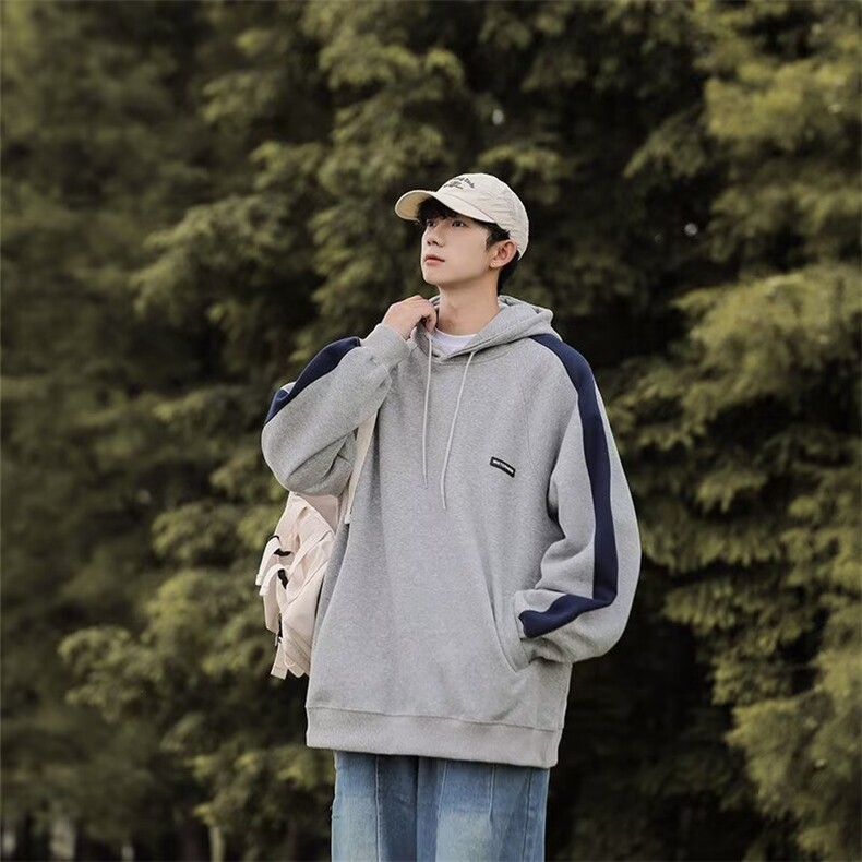 春秋新款男连帽套头卫衣拼色宽松百搭落肩潮牌外套新款休闲男上衣图片