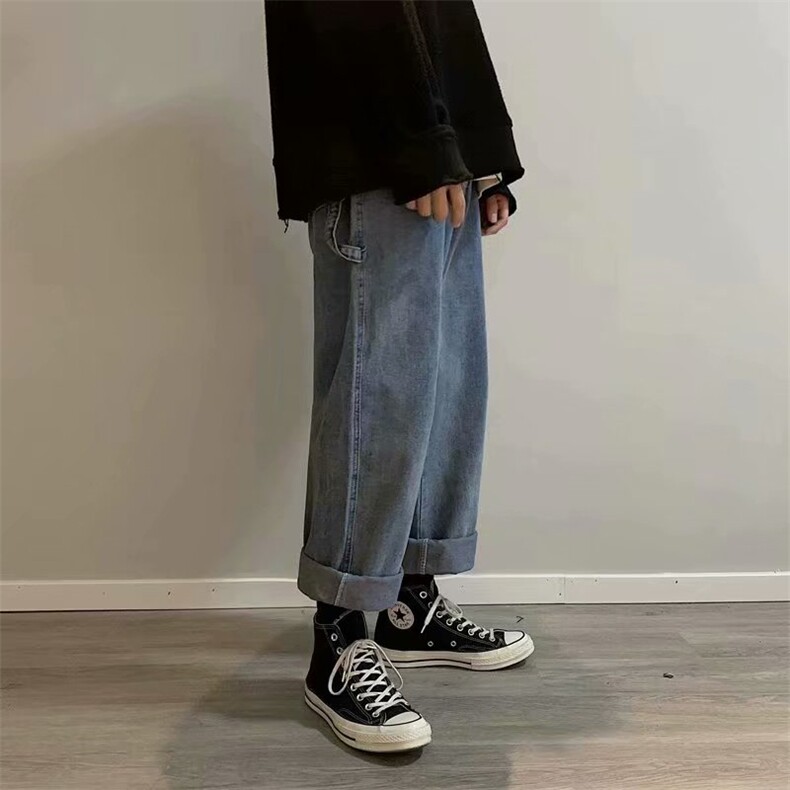 秋季新款韩版潮流阔腿裤复古港风直筒牛仔裤老爹裤长裤kz212-p38，男装牛仔裤，星座1008-2