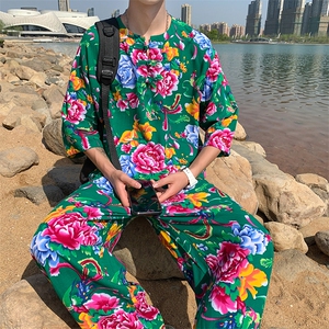 TZ340男士夏季风大花布套装大码宽松凉爽透气民族风个性外套图片