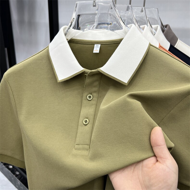 夏季男士潮流净版POLO衫简约轻奢T恤慵懒风珠地棉撞色领设计,男装T恤,钱塘207-1