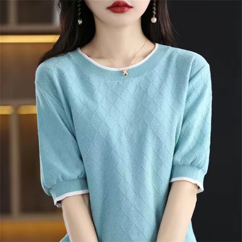 时尚女装短袖针织衫纯棉菱形拼色领修身显瘦百搭上衣,针织衫/毛衣,桦兴羊绒