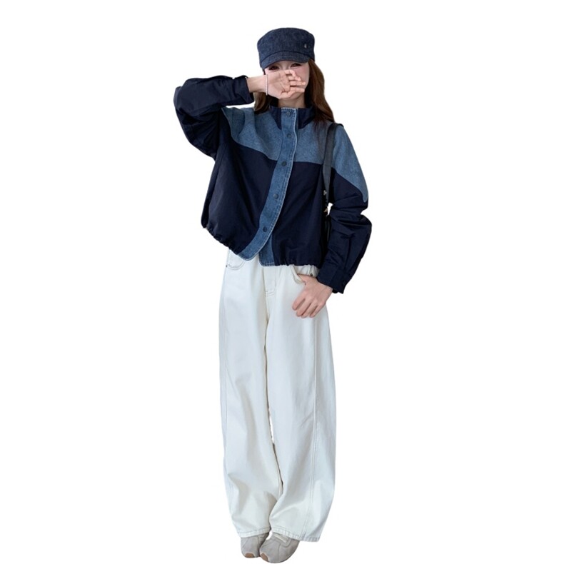 韩系撞色牛仔拼接外套女2025秋季新款小个子宽松休闲百搭夹克上衣,女装短外套,1C071-1