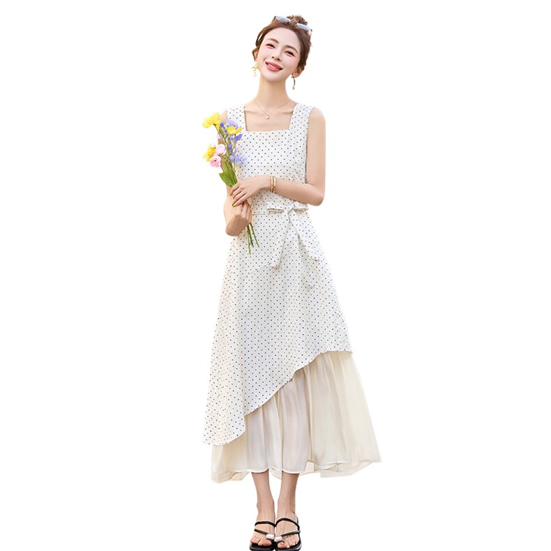 法式温柔风波点拼接连衣裙女2025夏季新款俏皮减龄圆领背心裙,女装连衣裙,衣佳和