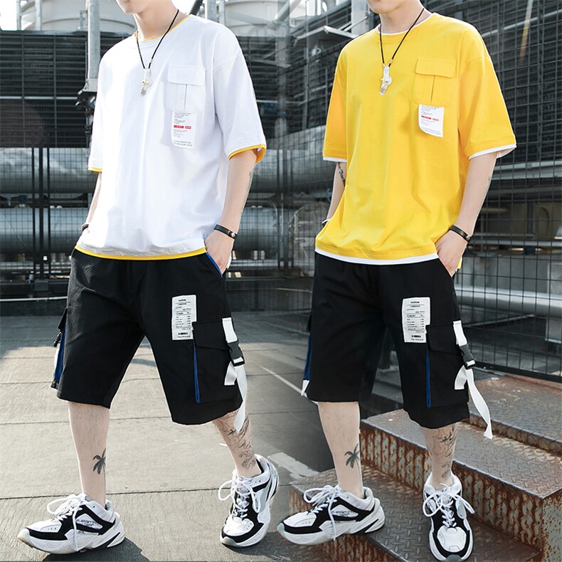 【】短袖男士t恤套装新款工装裤五分裤两件套DS419TP75，男装T恤，电商A102