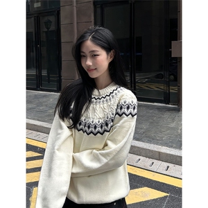 撞色费尔岛提花毛衣女宽松慵懒风设计感长袖针织AB120-P56图片