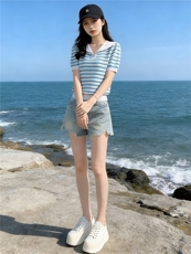 时尚简约套装女夏季新款洋气减龄蓝色翻领条纹上衣牛仔短裤两件套，女装套装/套裙，江南