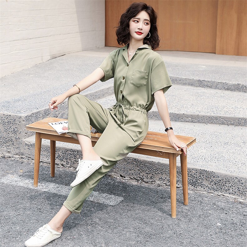 2021年夏季中腰薄款口袋长裤排多扣收腰显瘦连衣裤,女装连体裤,辉之琳