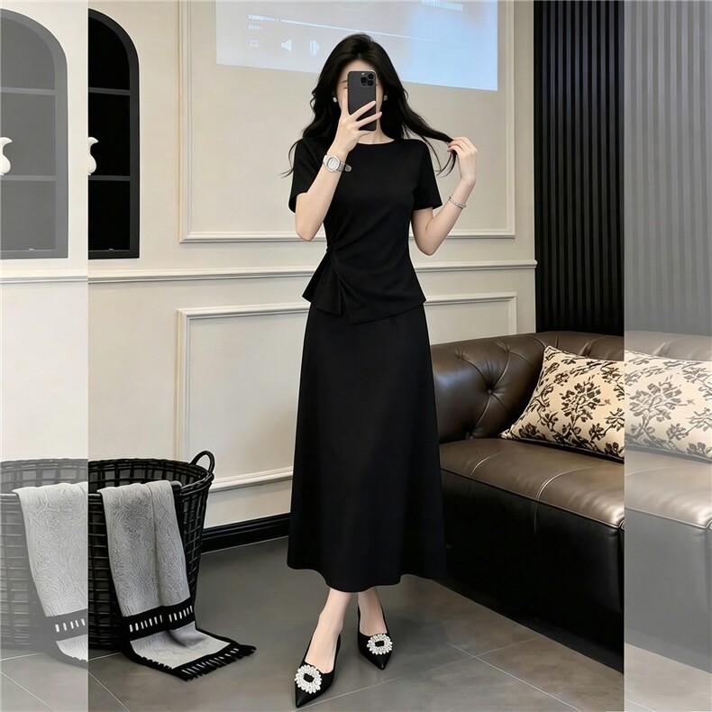 设计感时尚休闲套装裙女夏修身显瘦圆领扭结设计上衣半身裙两件套，女装套装/套裙，江南