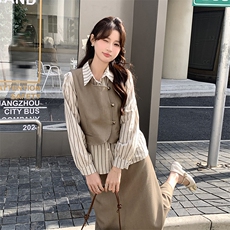 设计感条纹衬衫马甲西服套装女2025春季新款韩版轻熟风气质三件套，女装套装/套裙，2C291