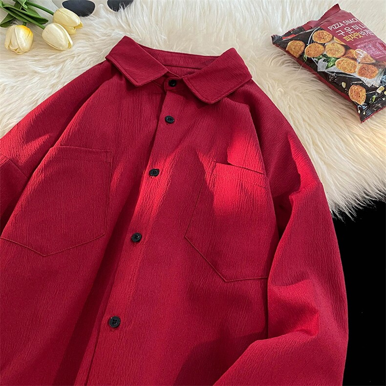 秋冬酒红色长袖宽松大码男女纯色衬衫复古衬衣CS16-P35，男装衬衫，星座222-7