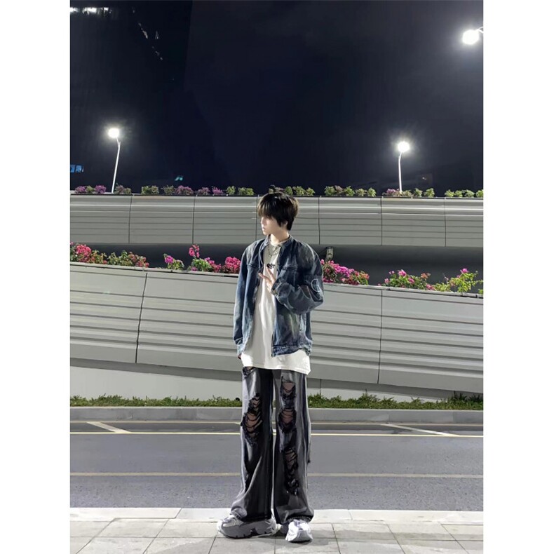 破洞牛仔裤男美式高街vibe裤子潮牌痞帅炸街直筒微喇裤KZA143-P55,男装牛仔裤,星座1007（原301D）