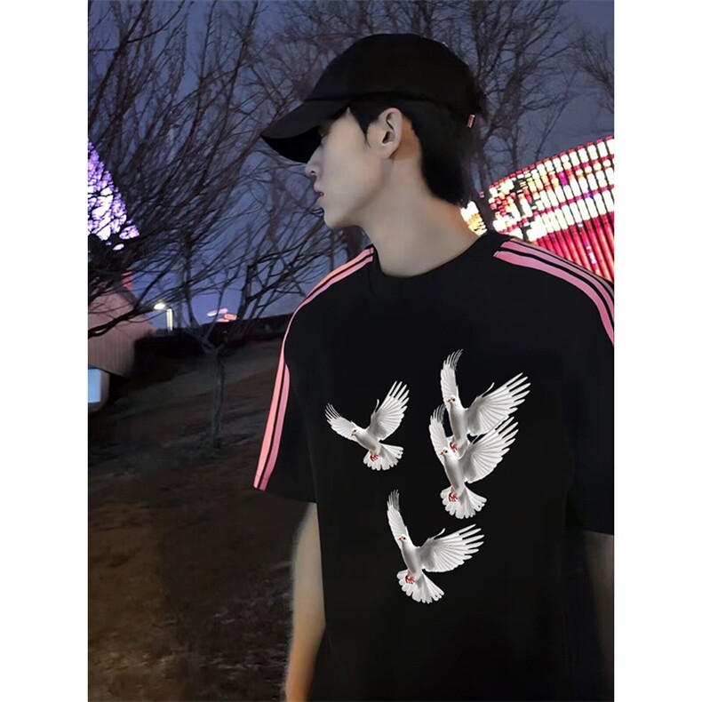 抖音得物品质二开240克宽松纯棉美式潮牌印花三条杠中性风短袖T恤,男装T恤,电商A486-1