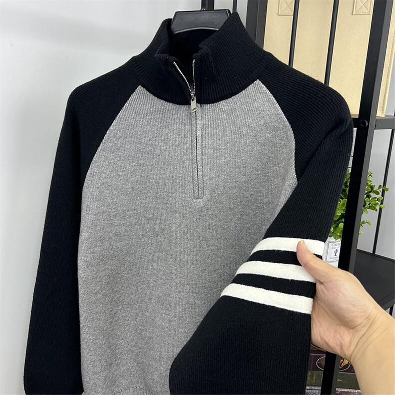 网图76303-P70加厚毛衣男半拉链加厚宽松针织打底衫男拼接撞色图片