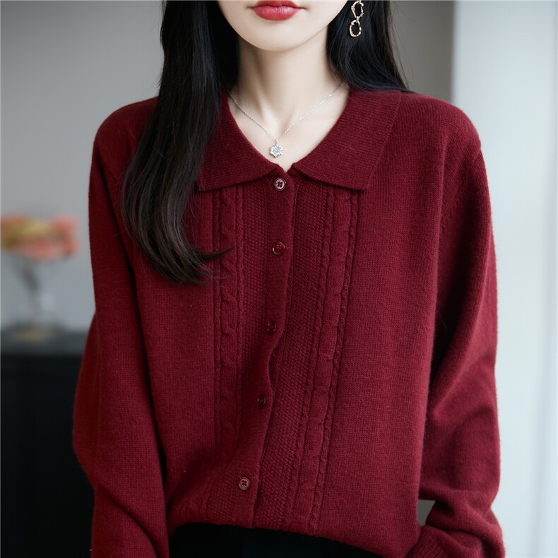 法式复古麻花POLO领针织开衫女外套毛衣2025新款宽松加厚外搭上衣,针织衫/毛衣,唐诺