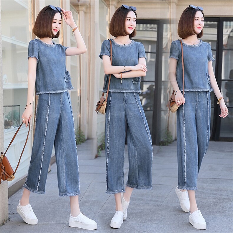夏装女2025款韩版时尚休闲牛仔套装洋气两件套高腰坠感天丝阔腿裤，女装套装/套裙，魅影