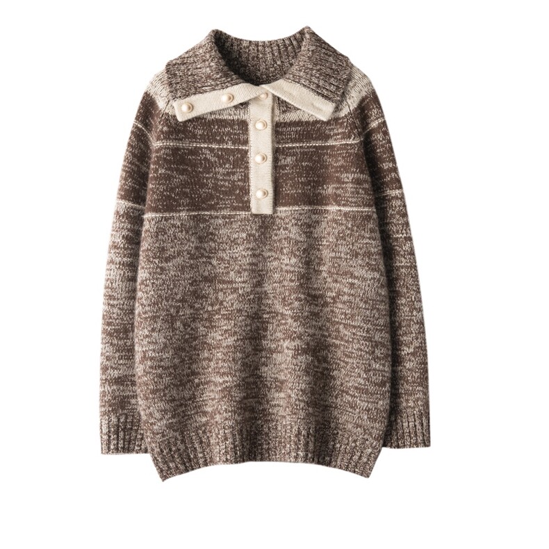 纯山羊绒衫女翻领半开系扣宽松花纱针织衫秋冬新款毛衣，女装羊绒衫，五色羊羊绒