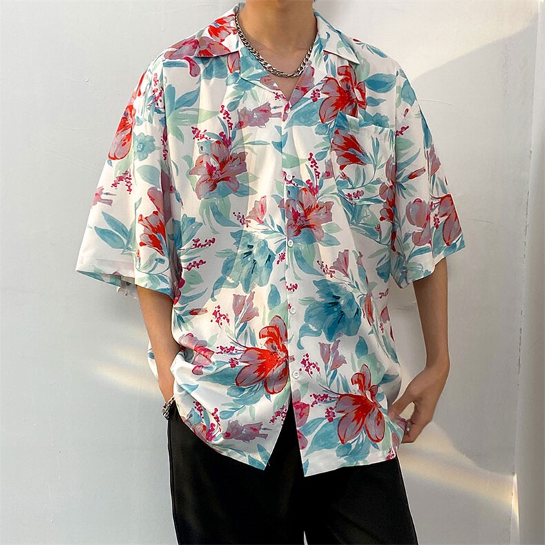2025夏季高街印花短袖衬衫男潮流ins宽松沙滩风花衬衣CS1320-P35,男装T恤,电商A062
