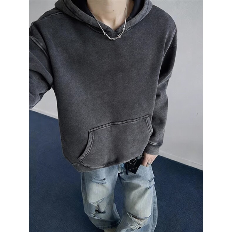 得物抖音高品质二开26春装重磅做旧炒雪花纯色连帽水洗卫衣CM16,男装卫衣,电商A486