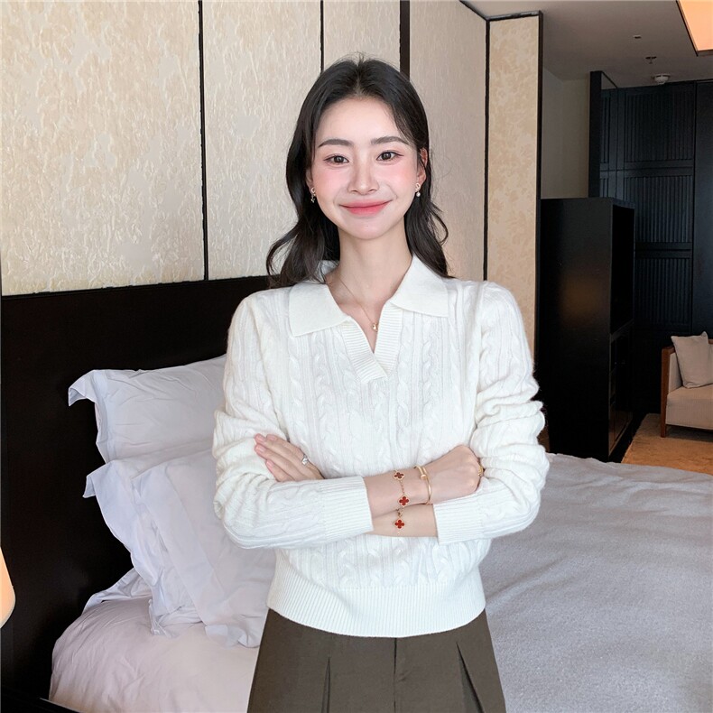 2025秋冬百搭时尚简约polo领翻领抽条针织衫,女装羊绒衫,玛卡隆羊绒