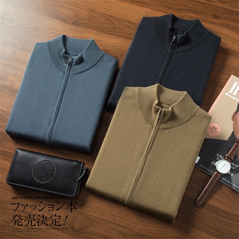 秋冬新款半高拉链针织开衫时尚简约,男装针织衫/毛衣,曼云男装羊绒