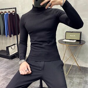 Y902 2021秋冬男修身毛衣品质好库存足-高领基础款-黑色图片