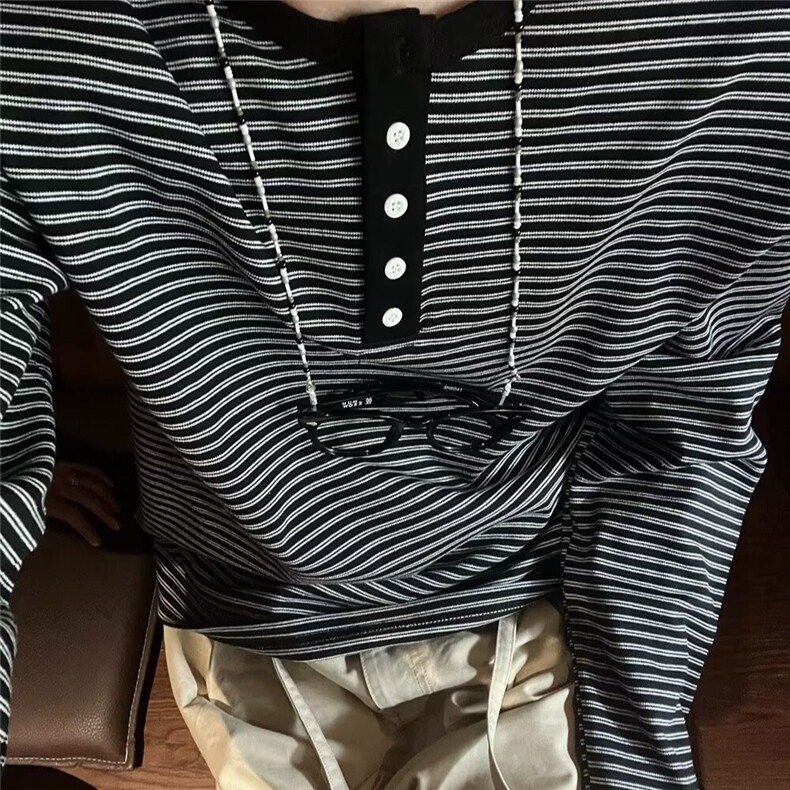 网图亨利领条纹长袖T恤男女小领口打底上衣B02-特P43,男装T恤,星座910-1