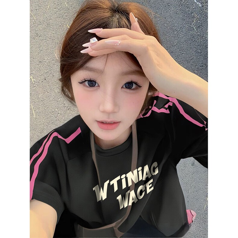 抖音得物品质二开240克宽松纯棉美式潮牌印花三条杠中性风短袖T恤,男装T恤,电商A486