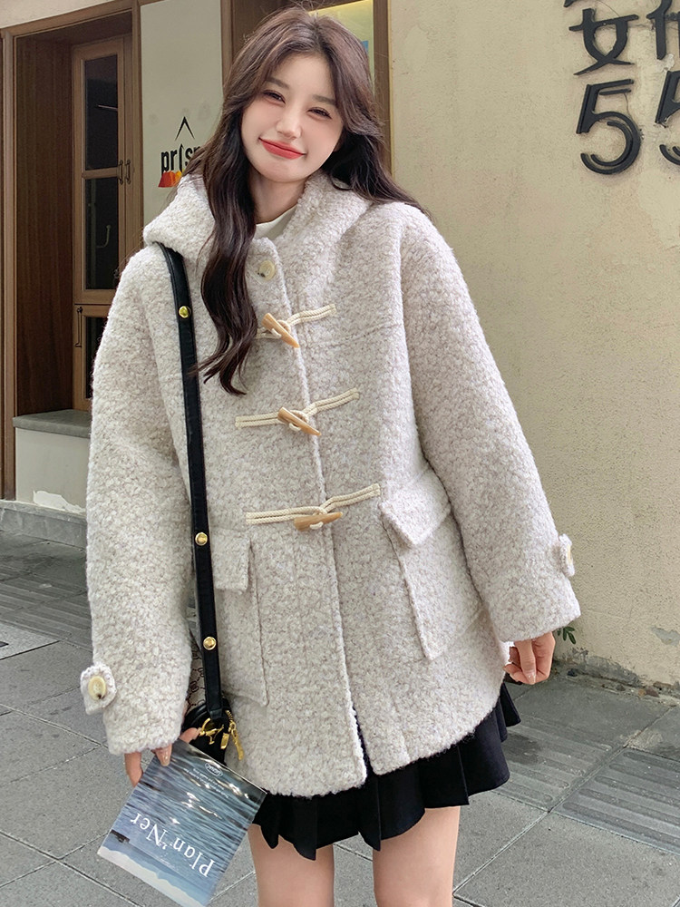【新款】现货毛呢羊毛牛角扣中长款含羊毛55%,女装毛呢外套,浙宝192（原082）