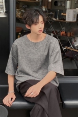 现货夏季纯色亚麻潮宽松新中式大码棉麻短袖男MT08-特P25控48，男装T恤，星座205-5