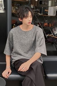 现货 夏季纯色亚麻潮宽松新中式大码棉麻短袖男MT08-特P25控48图片