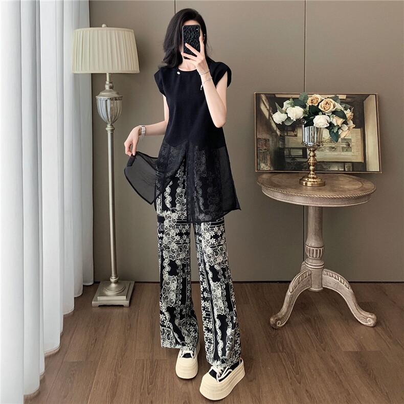 设计感小众时尚气质套装女夏圆领网纱拼接无袖上衣碎花长裤两件套,女装套装/套裙,江南