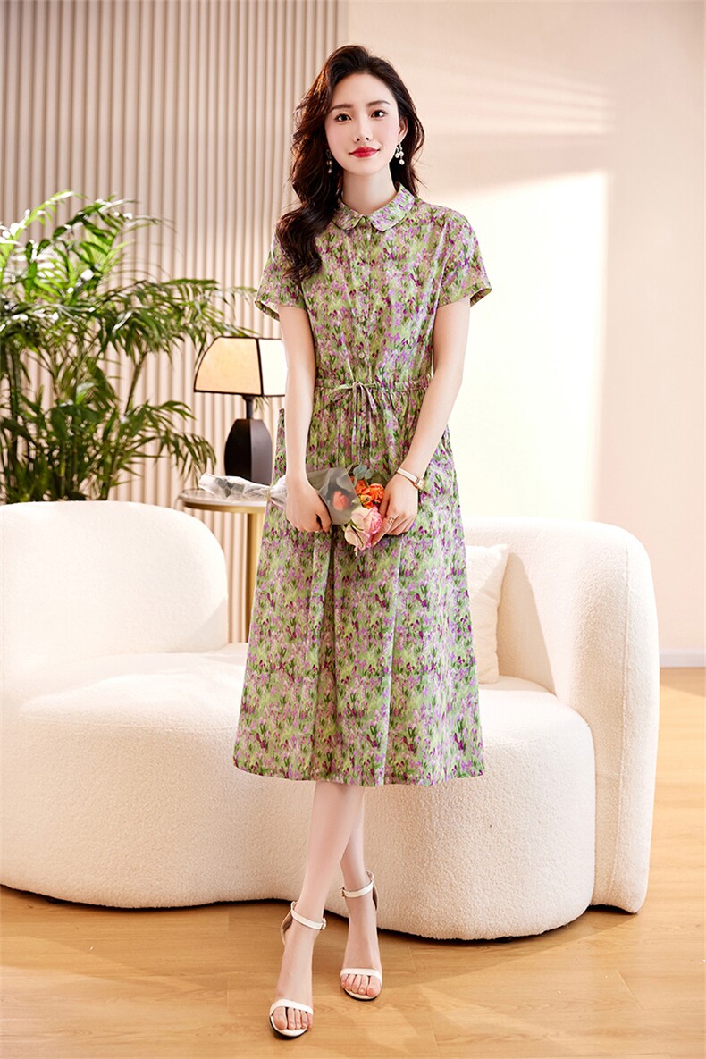 苏杭亚麻连衣裙女装夏季2025年新款高端气质减龄收腰显瘦印花裙子,女装连衣裙,倪叶myz