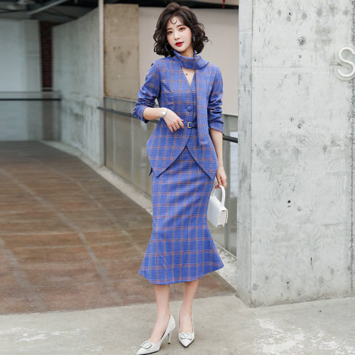 现货-2024秋季新款优雅气质时尚西装外套包臀半身裙英伦格子套裙，女装套装/套裙，霓裳依族