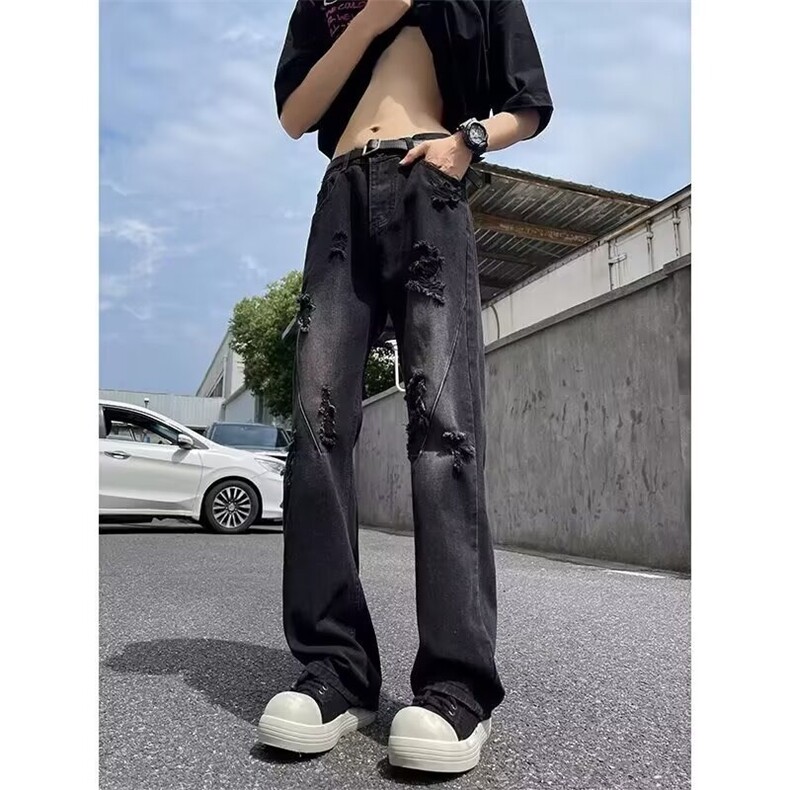 微喇破洞牛仔裤新款直筒宽松美式高街裤子潮牌,男装牛仔裤,星座1210-1