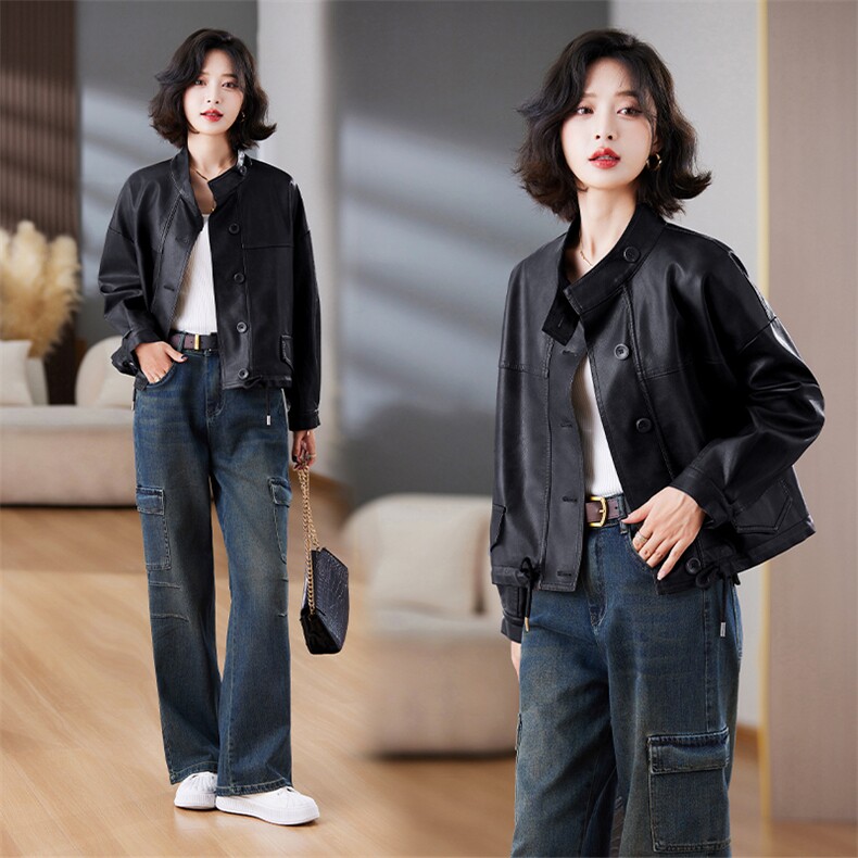 现货时尚设计感抽绳短外套女2024秋装新款今年流行小个子皮衣夹克,女装皮衣,跑量工厂店