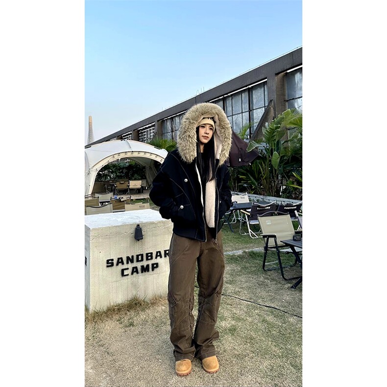 现货重磅boxy短款棉衣座山雕大毛毛领男女棉服水洗工装厚外套,男装棉衣,电商A486