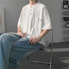 8XL-M亨利领亚麻短袖t恤男弹力大码宽松半袖开衩设计体恤DT002P45，男装T恤，电商B312