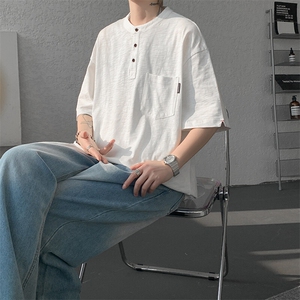 8XL-M亨利领亚麻短袖t恤男弹力大码宽松半袖开衩设计体恤DT002P45图片