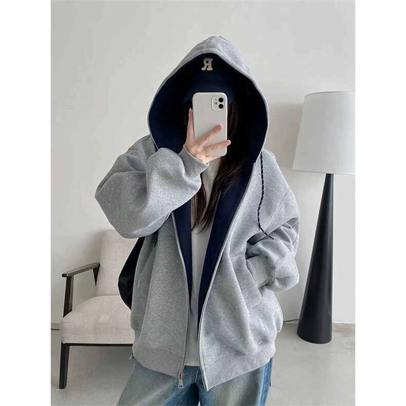 抖音得物二开美式高街重磅结构双层撞色连帽卫衣开衫外套W116，男装卫衣，电商A486