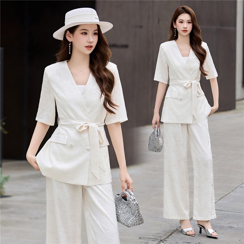 现货新中式轻熟气质2026夏季新款高级感印花系带西装阔腿裤两件套，女装套装/套裙，火爆靓佳人