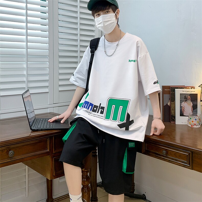 新款夏季短袖T恤工装裤短裤套装港风纯棉宽松潮男装DF320TP65,男装休闲套装,电商A086