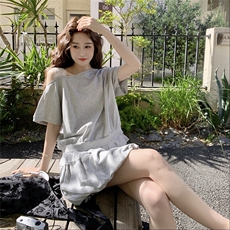 时尚浅灰色减龄日系套装女2025夏季蕾丝露肩上衣花苞半身裙两件套，女装套装/套裙，浙宝217